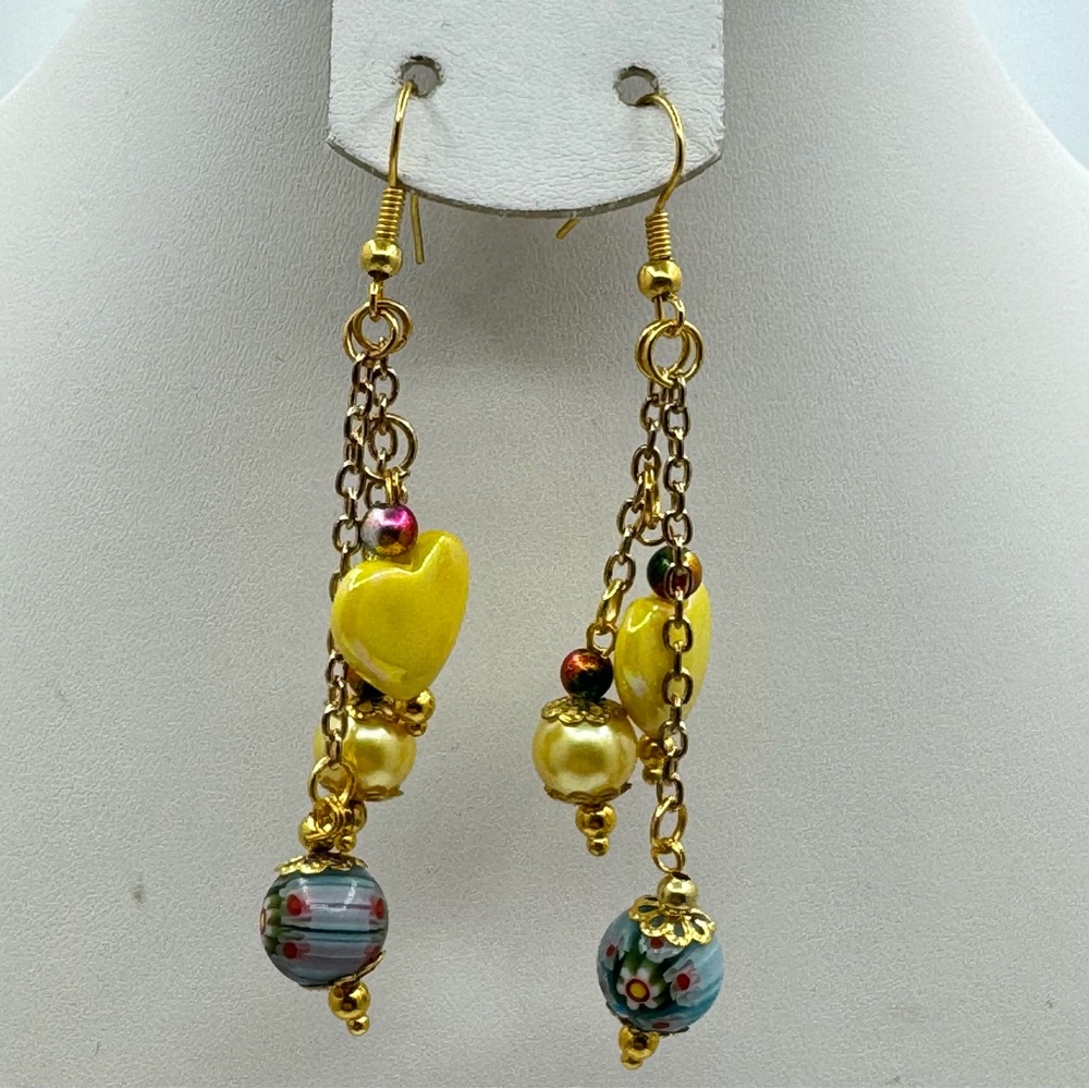 Handmade Gold Tone Chain Dangle Earrings Gold Tone Heart, Pearl & Glass Beads